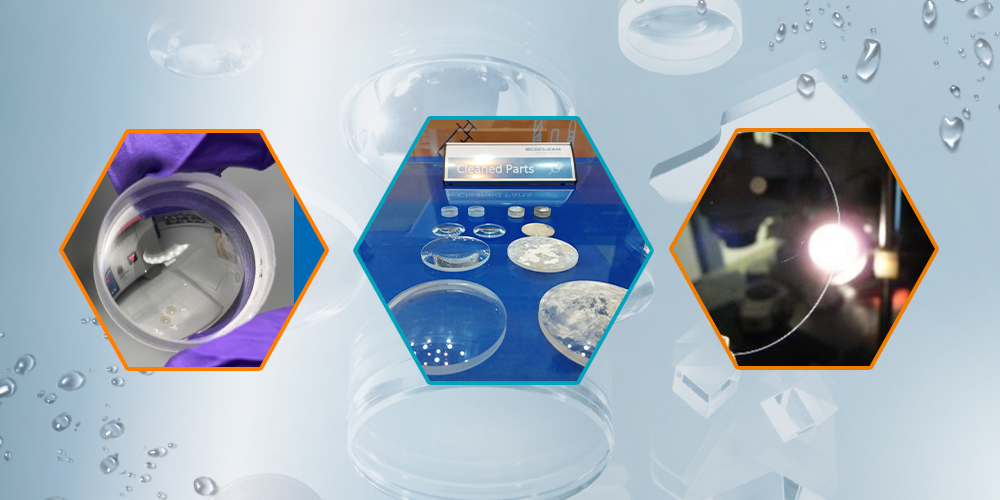 Cleaned optical components displayed on a blue background, featuring various precision optics parts, including lenses and substrates, showcasing Ecoclean's cleaning solutions for critical optical applications.
